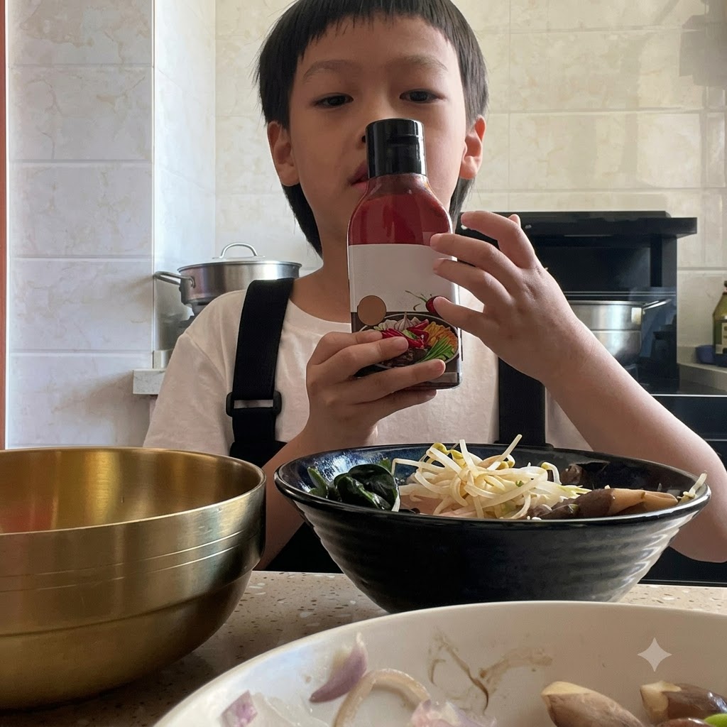 Ein Paar Hände hält eine Flasche koreanische Bibimbap-Sauce über eine Schüssel mit Zutaten.