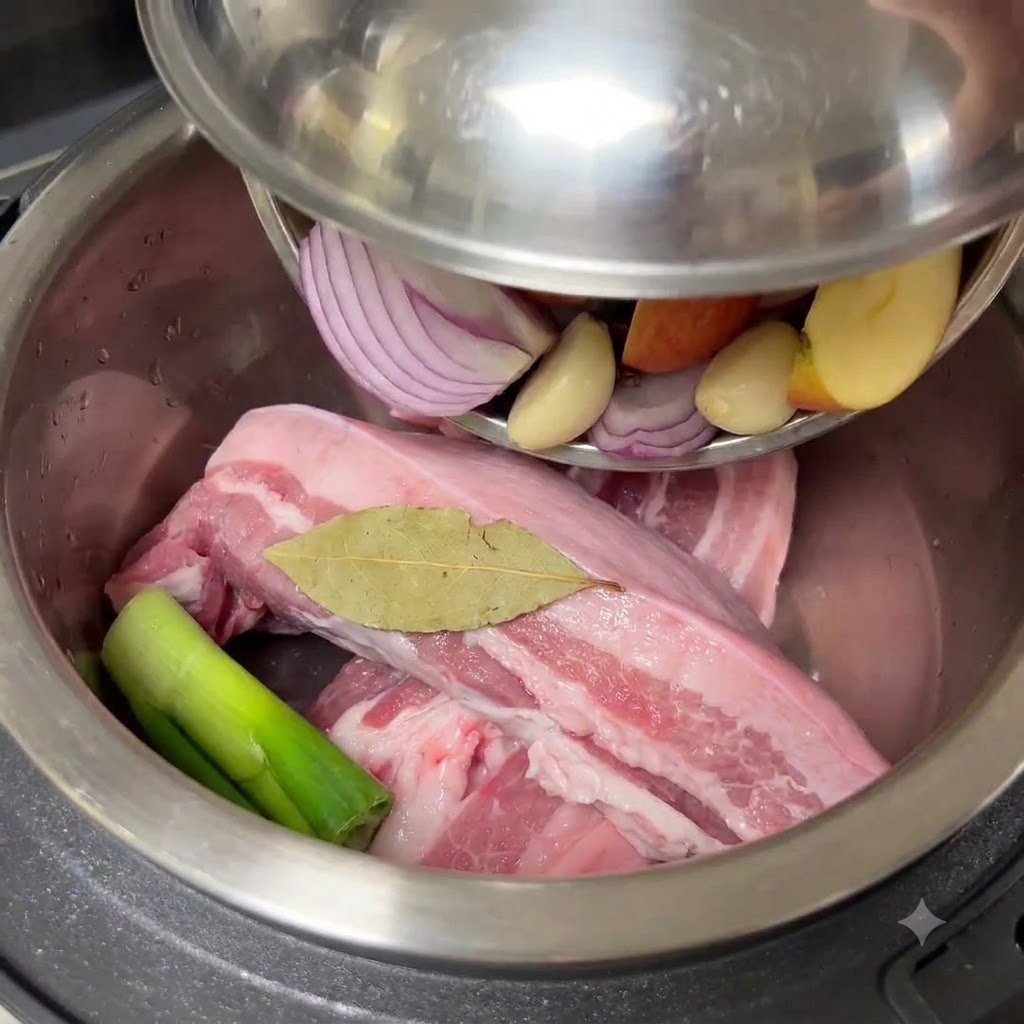 Aromaten werden aus einer Metallschüssel über den rohen Schweinebauch im Reiskochertopf gegossen.