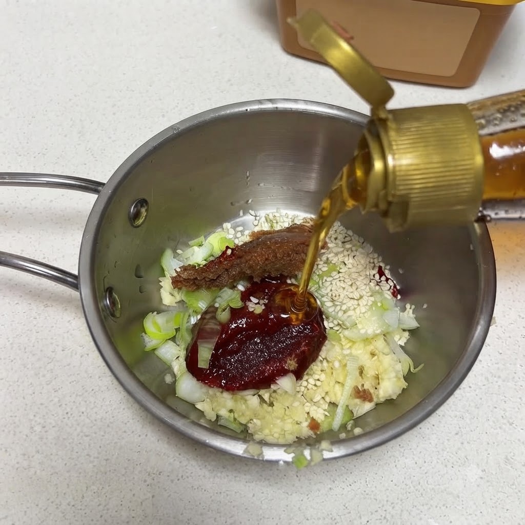 Sesamöl wird aus einer Flasche zu den Saucenzutaten in einer Metallpfanne gegossen.