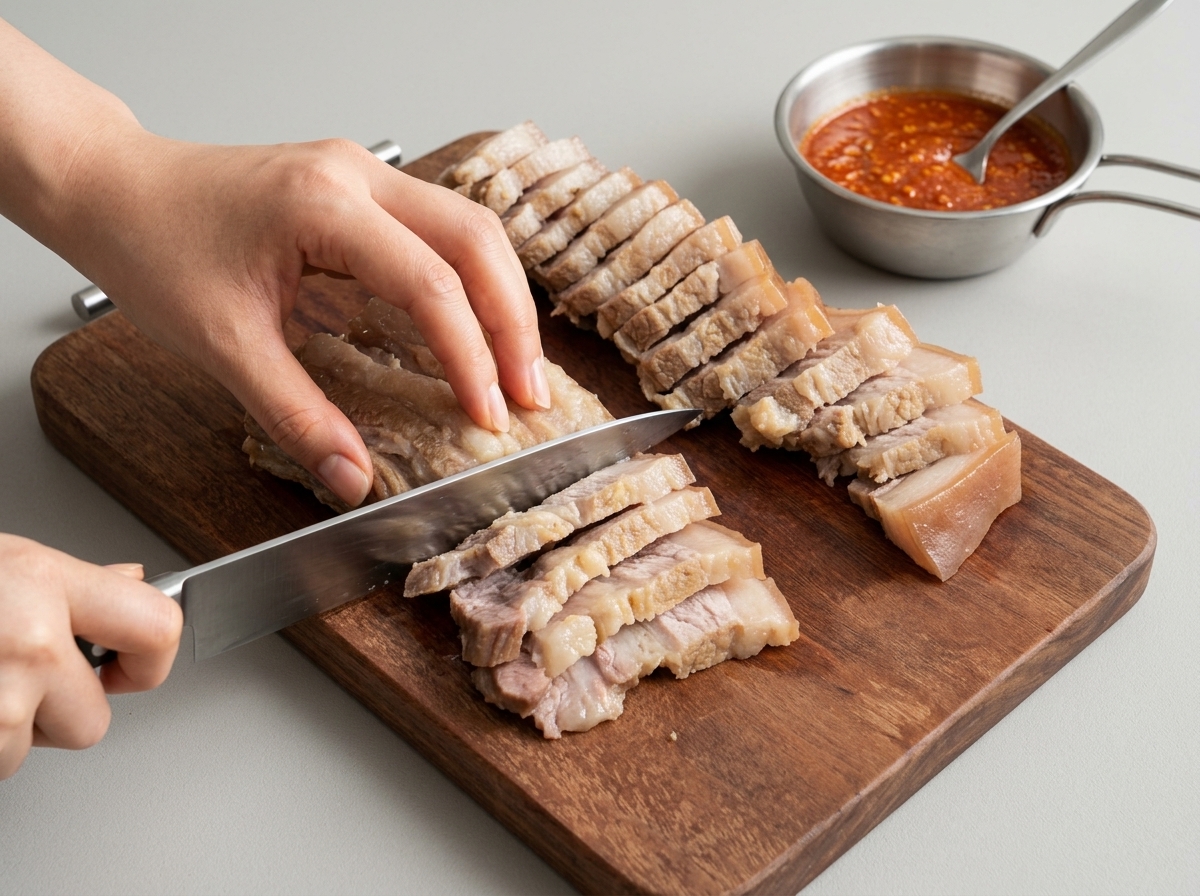 Eine Person schneidet gekochten Schweinebauch mit einem großen Messer auf einem Holzschneidebrett in gleichmäßige Stücke.