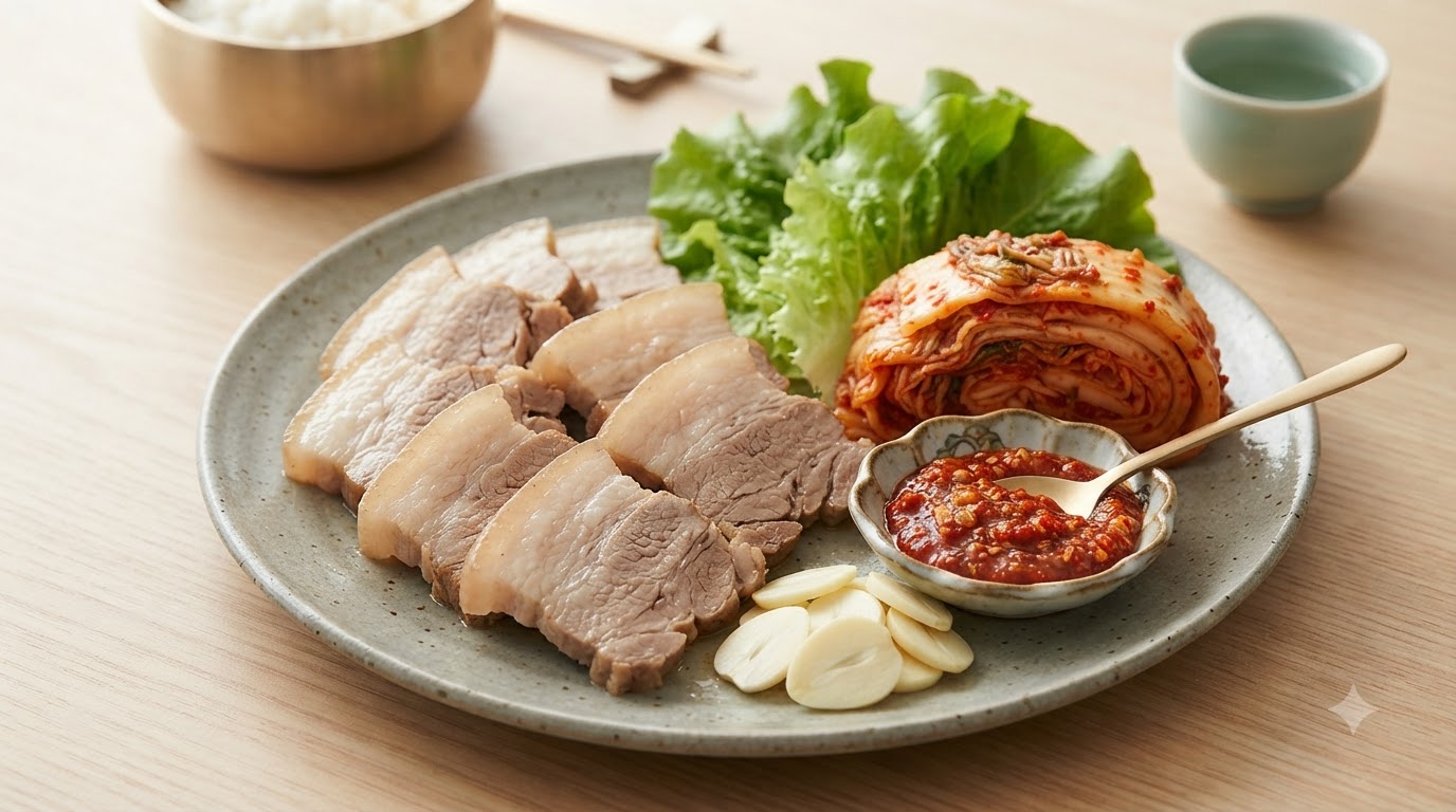 In Scheiben geschnittener gekochter Schweinebauch, serviert mit frischem Salat, Kimchi, Knoblauch und rotem Chili-Dip.