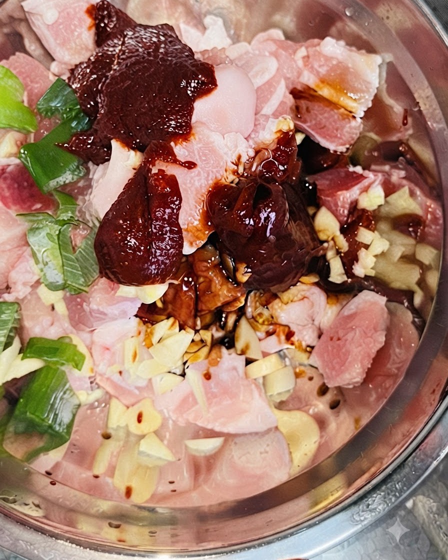 Weißer Zucker wird von einem Löffel in eine Schüssel mit Schweinefleisch, Gochujang, Sojasauce und Frühlingszwiebeln gestreut.