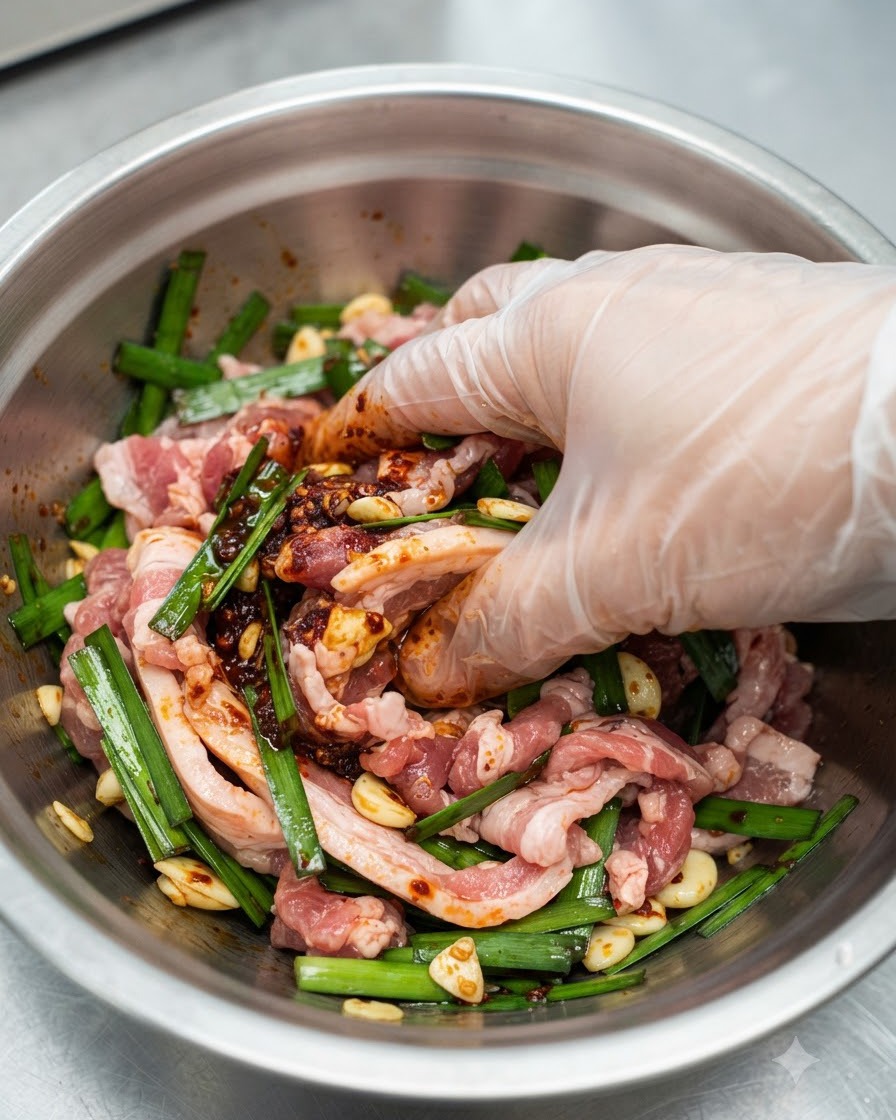 Eine behandschuhte Hand vermengt die Schweinebauchscheiben gründlich mit der roten Chilipaste und den Frühlingszwiebeln in einer Edelstahlschüssel.