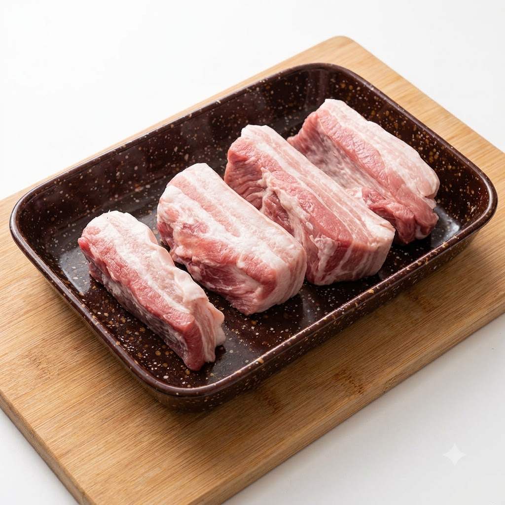 Rohe Schweinebauchstreifen auf einem dunklen Teller, während Gewürze von oben auf das Fleisch gestreut werden.