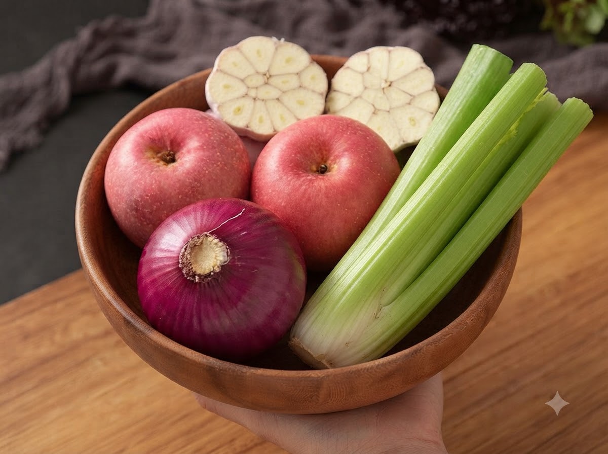 Rote Äpfel werden auf einem Holzbrett neben Knoblauch und Sellerie in Spalten geschnitten.