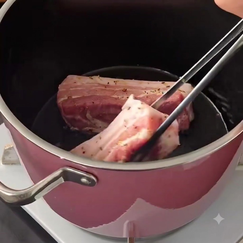 Schweinebauchstreifen bräunen in einem rosa Topf und werden mit einer Metallzange gewendet.