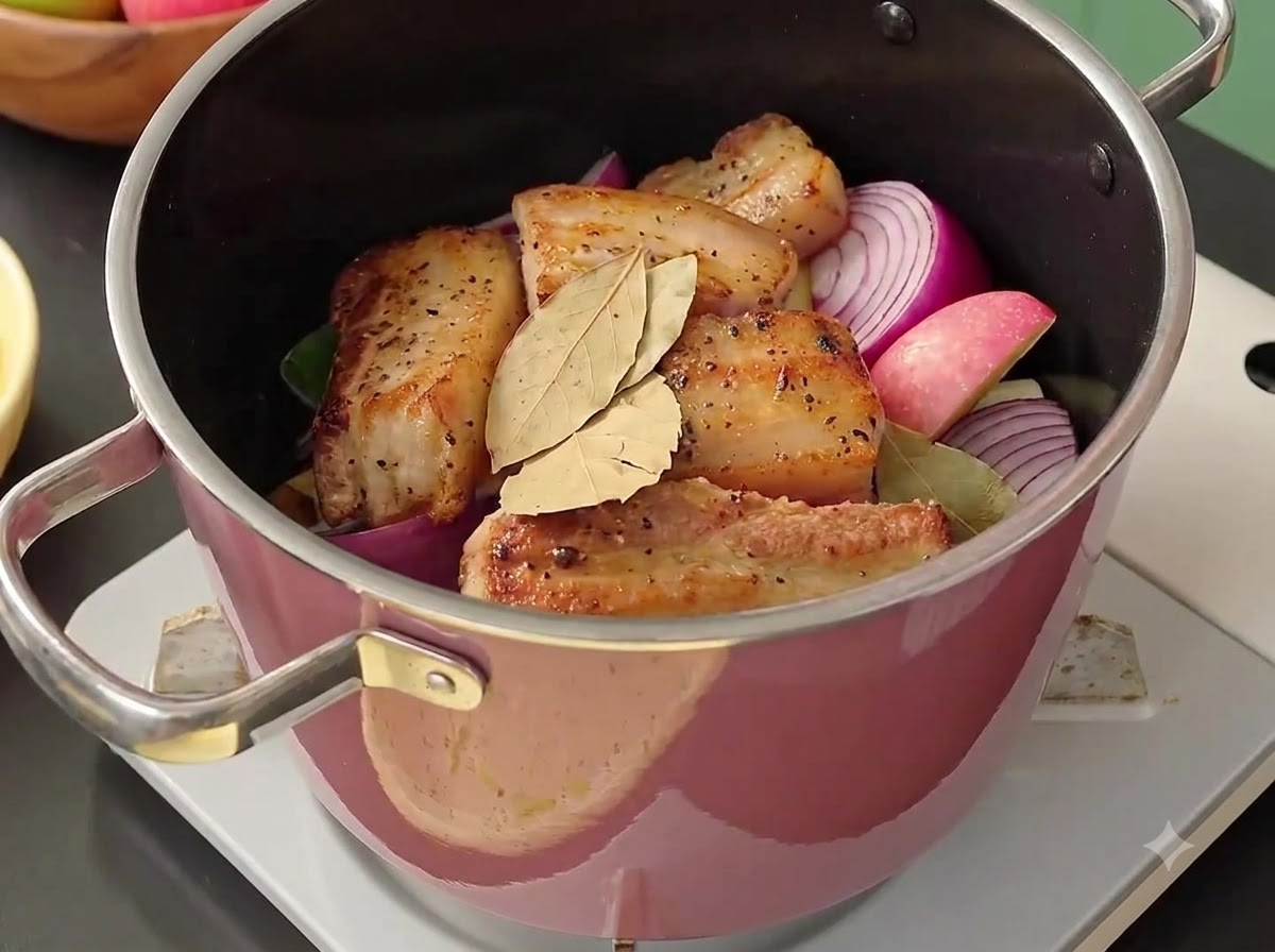 Ingwer, Knoblauch, Lorbeerblätter und Gewürze werden über Fleisch und Gemüse in den Kochtopf gegeben.
