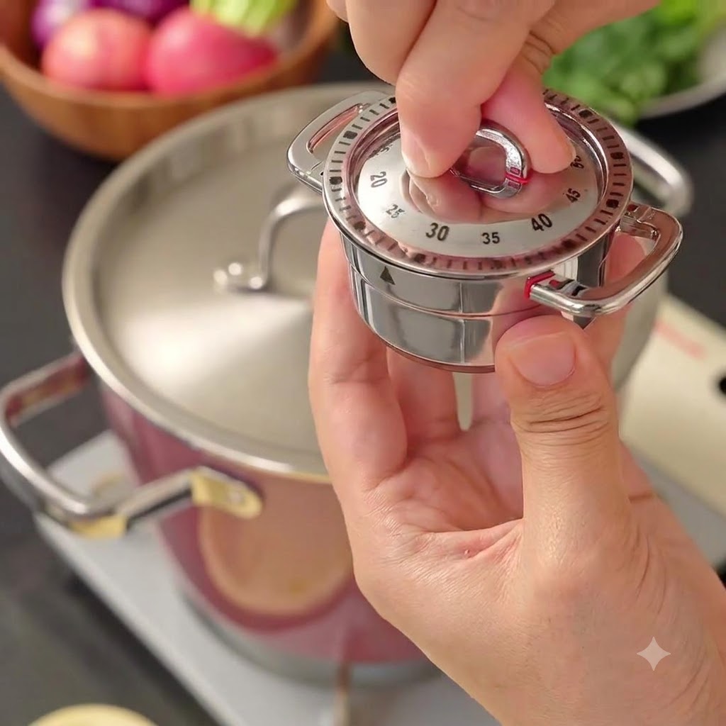 Hände stellen einen mechanischen Küchentimer auf die 40-Minuten-Marke ein.