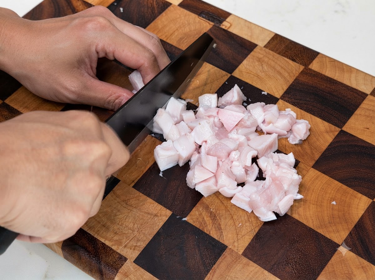 Fette Schweinebauchstücke werden auf einem Holzschneidebrett in kleine Würfel geschnitten.