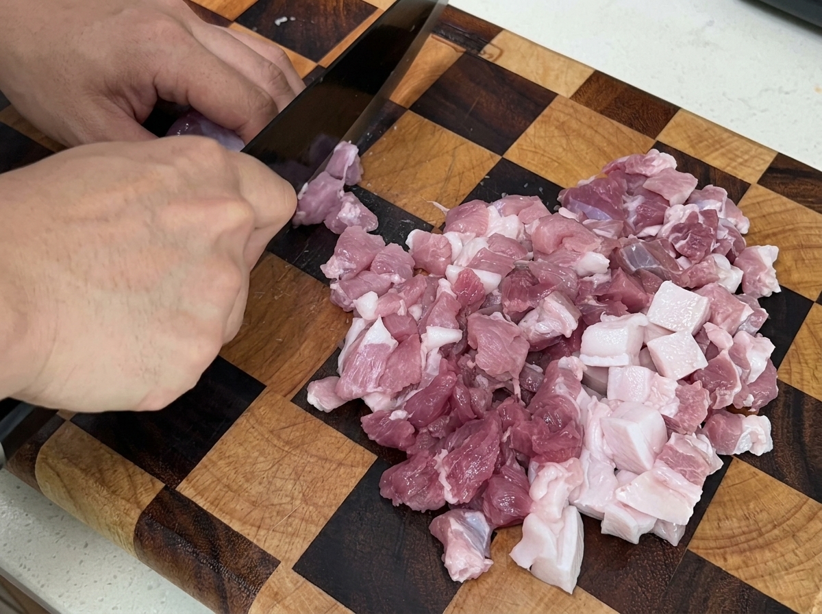 Mageres Schweinebauchfleisch wird auf einem Holzschneidebrett in kleine Würfel geschnitten.