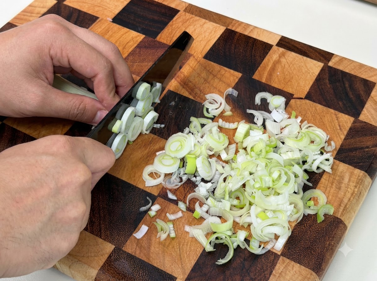 Frische grüne Frühlingszwiebeln werden auf einem Holzschneidebrett fein geschnitten.