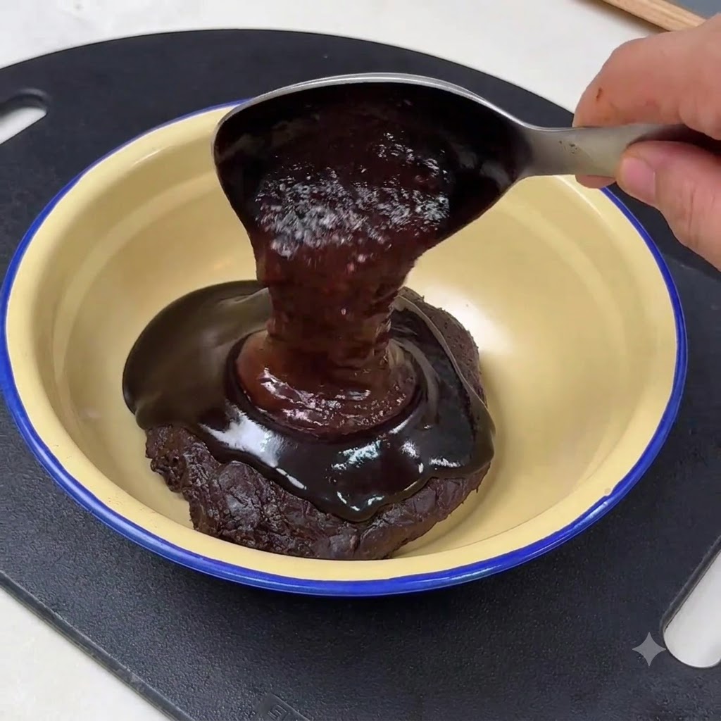 Dunkle süße Bohnenpaste wird von einem Löffel in eine Schüssel mit gelber Sojabohnenpaste gegeben.