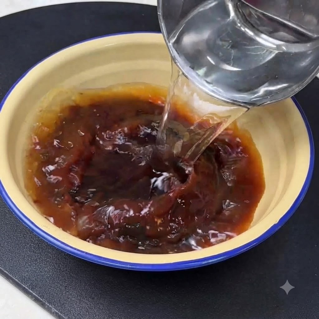 Klares Wasser wird in eine gelbe Schüssel mit dunkler Bohnenpasten-Mischung gegossen.