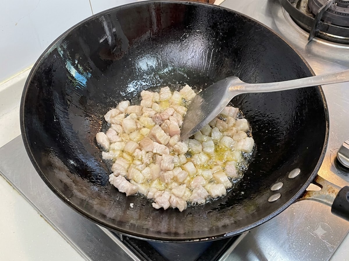 Fette Schweinewürfel braten in einem heißen schwarzen Wok und werden mit einem Spatel gerührt.