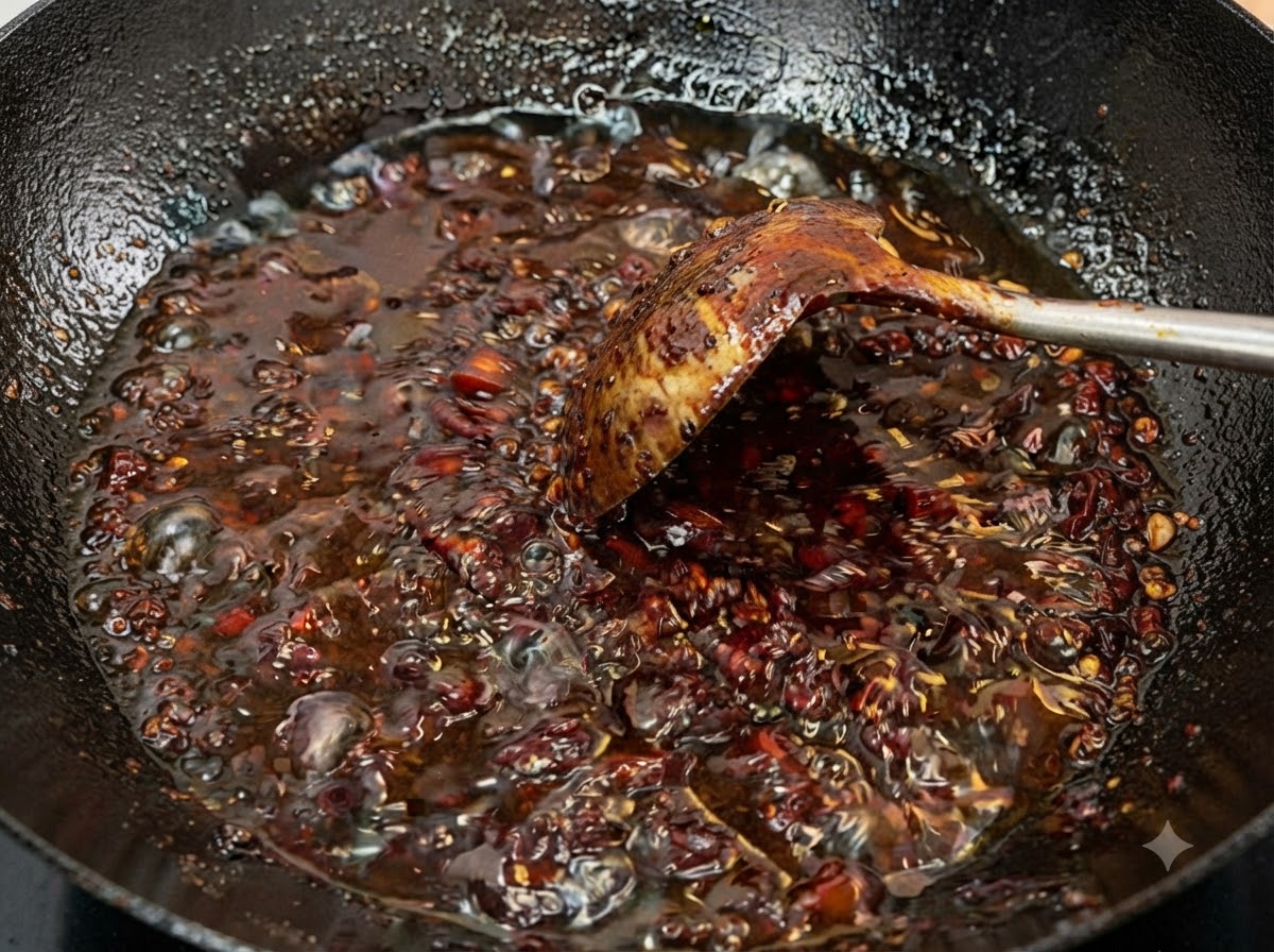 Dunkle, blubbernde Fleischsauce wird mit einer Kelle in einem Wok gerührt.