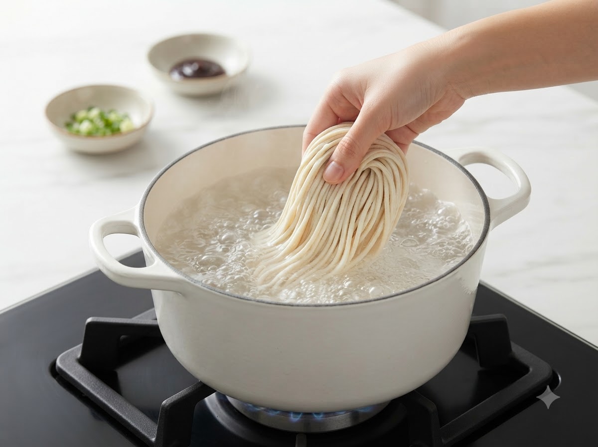 Frische dicke handgemachte Nudeln werden in einen Topf mit kochendem Wasser gegeben.