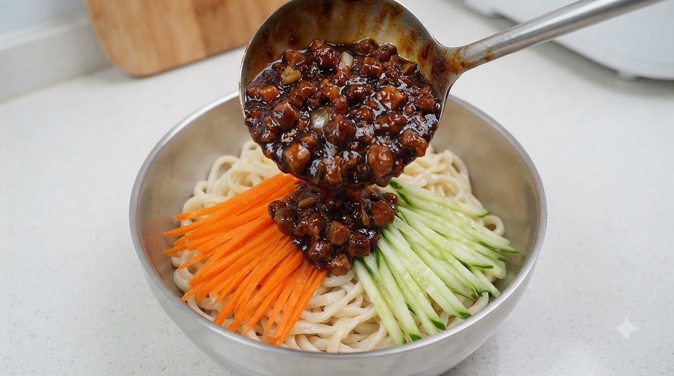 Authentische alt-Pekinger Zhajiangmian (Gebratene Sojasaucen-Nudeln)