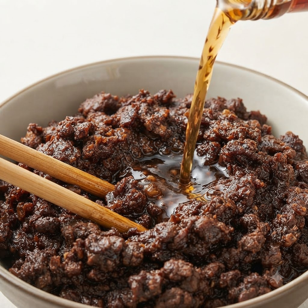Trockene gelbe Bohnenpaste wird in einer Keramikschüssel mit Blumenwein und Holzstäbchen verrührt.