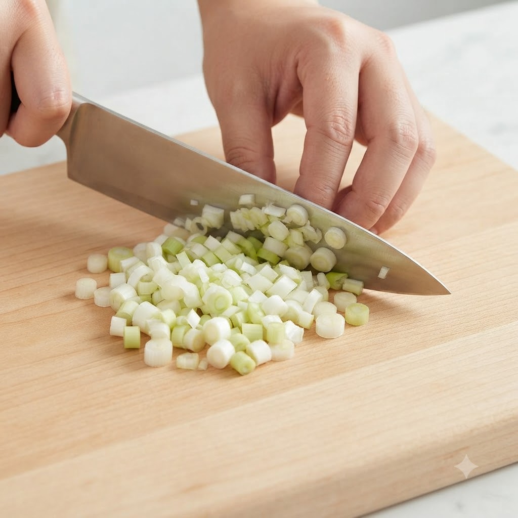 Frühlingszwiebeln, Knoblauch und Ingwer werden mit einem Messer auf einem Holzschneidebrett in Scheiben geschnitten und fein gehackt.