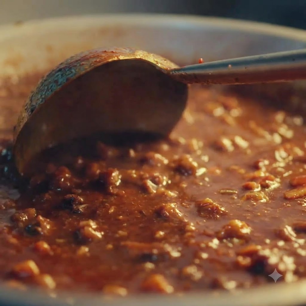 Eine dicke, dunkelbraune Sauce köchelt in einer Pfanne und wird mit einer Metallkelle umgerührt.
