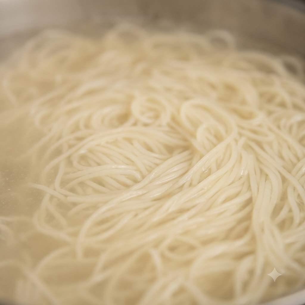 Frische Nudeln kochen in einem großen Topf mit brodelnd heißem Wasser.