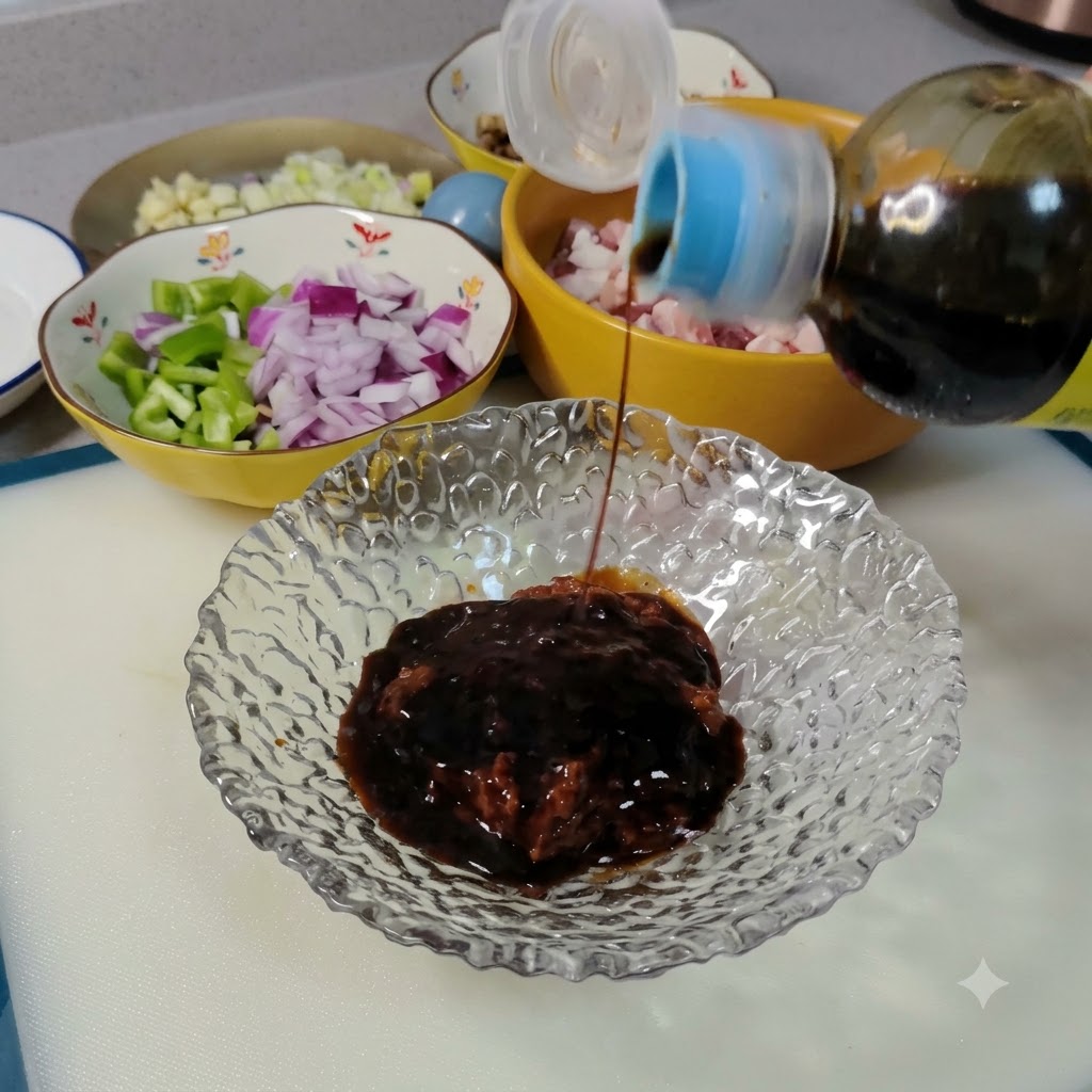 Dunkle Flüssigwürze wird aus einer Plastikflasche in eine Glasschüssel mit Sojabohnenpaste gegossen.