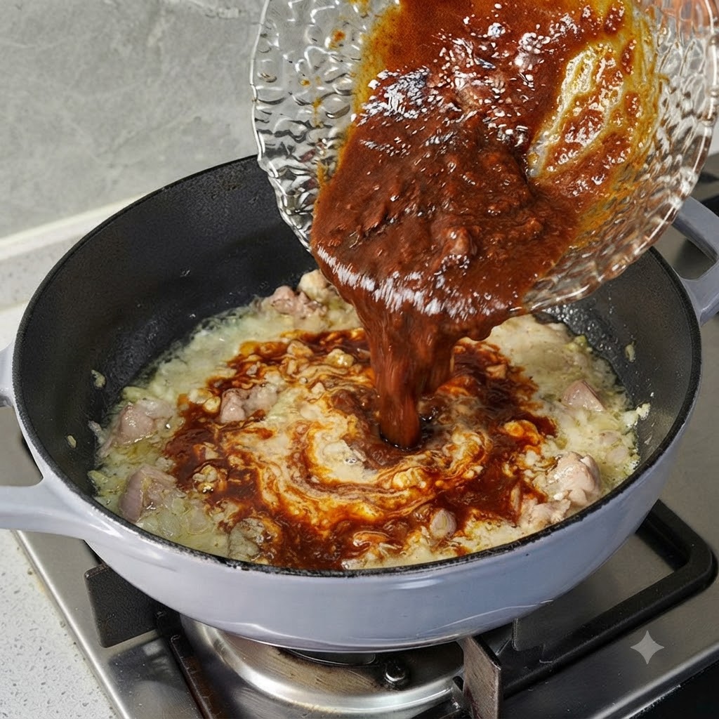 Eine Glasschüssel giesst dunkle, reichhaltige braune Sauce in eine Pfanne mit gegartem Fleisch und Aromen.