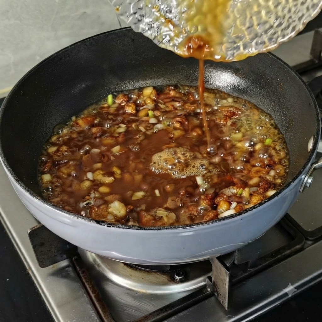 Wasser wird aus einer kleinen klaren Schüssel in eine blubbernde Fleischsauce in einer Pfanne gegossen.