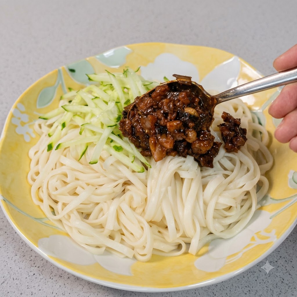 Ein Metalllöffel schöpft dunkle, herzhafte gebratene Fleischsauce über einen Teller mit Nudeln und geraspelter Gurke.