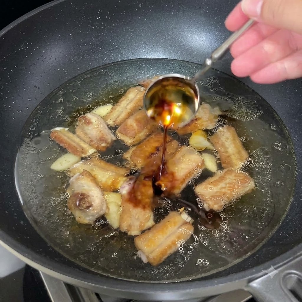 Ein Löffel dunkler, gereifter Essig wird in die köchelnde Pfanne gegossen.