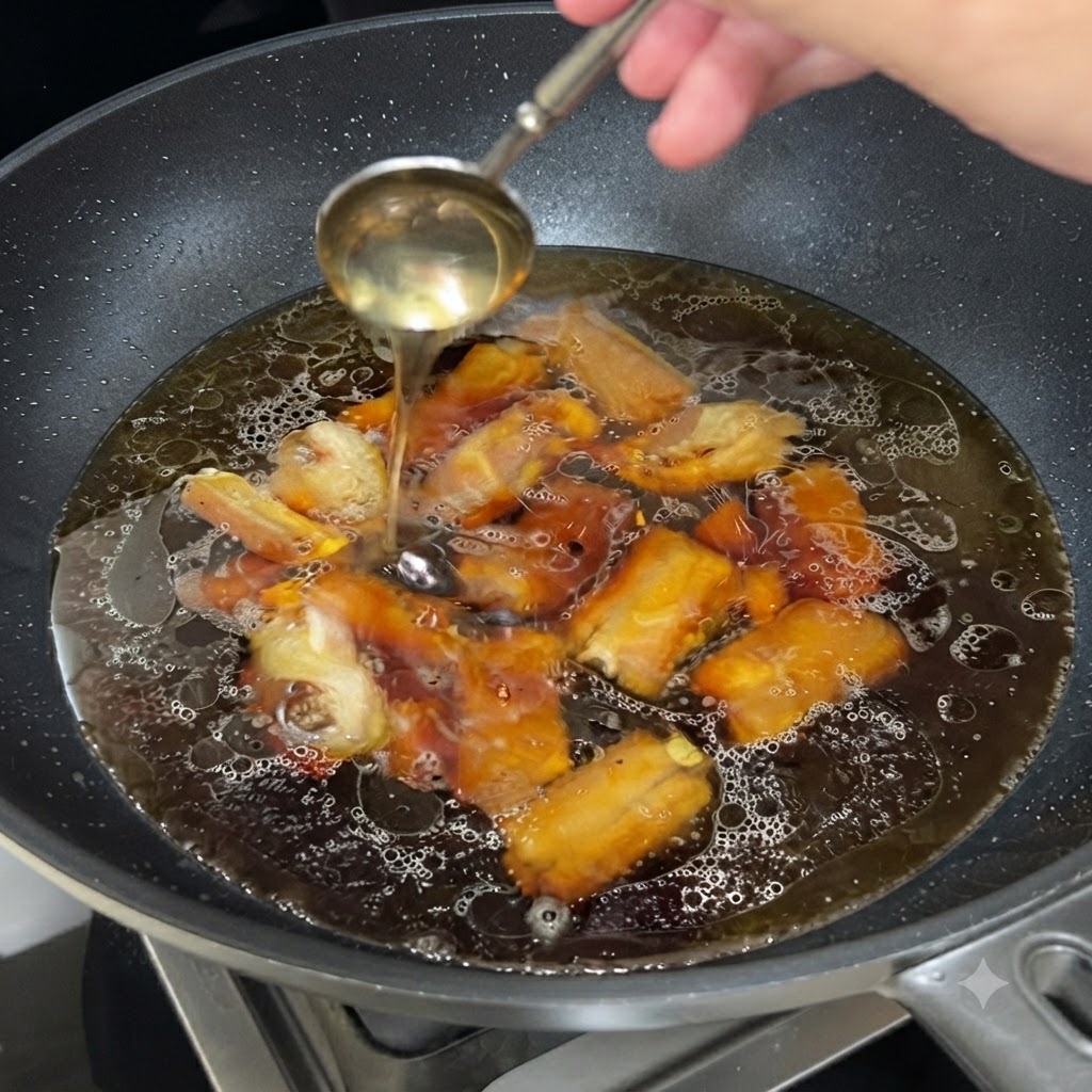 Ein Löffel gießt Honig in einen Wok mit Schweinerippchen, die in einer dunklen Schmorflüssigkeit köcheln.