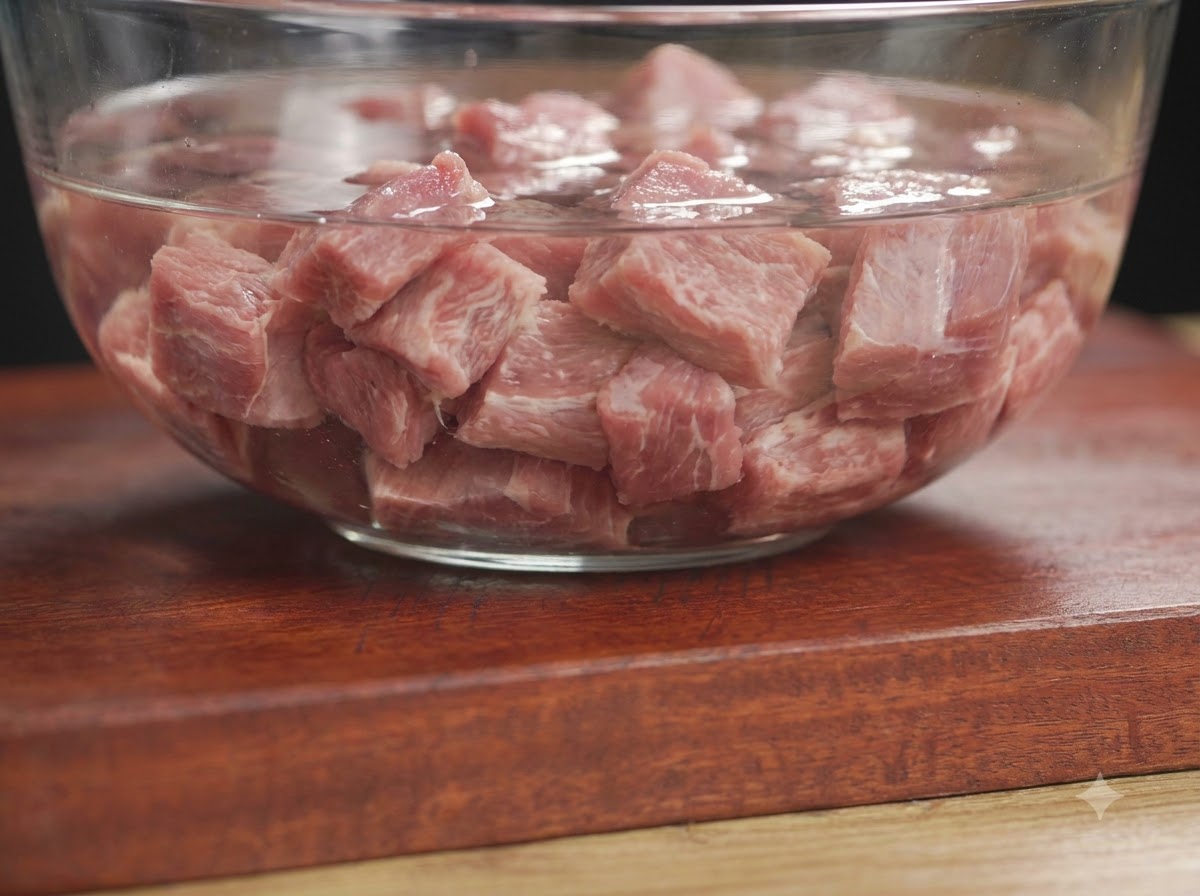 Frische Schweinerippchen beim Einweichen in einer klaren Glasschüssel mit klarem Wasser auf einem Holzbrett.