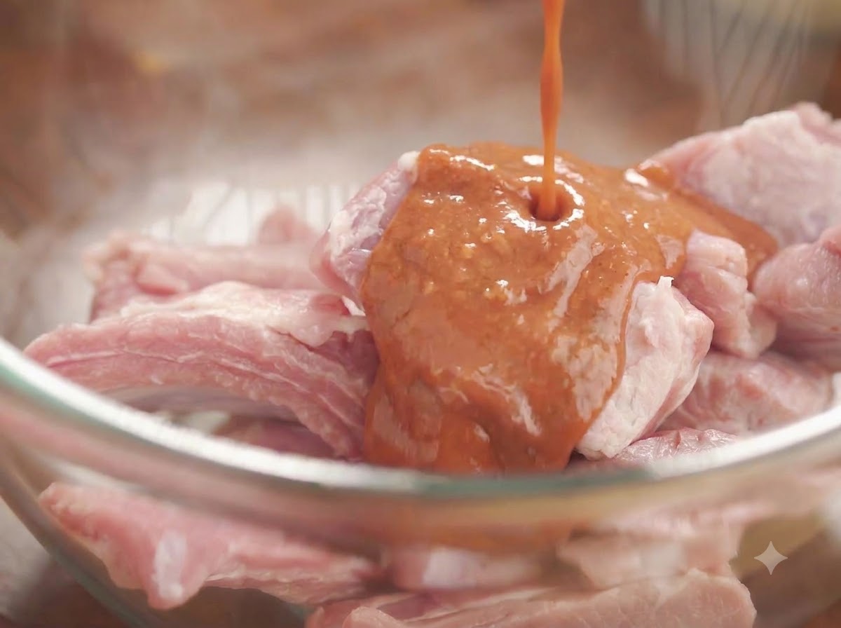Sauce wird aus einem blauen Behälter über rohe Schweinerippchenstücke in einer klaren Glasschüssel gegossen.