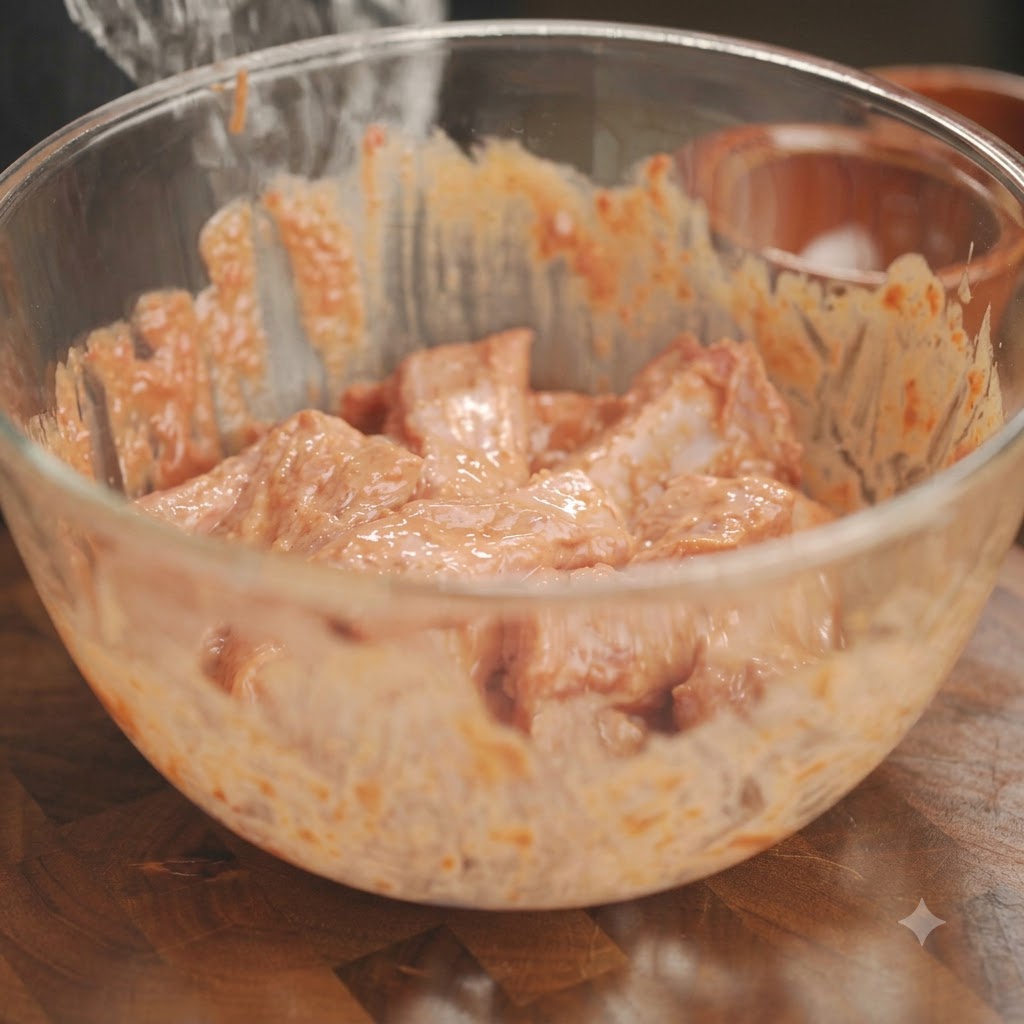 Ein Löffel fügt Mehl- und Stärkemischungen in eine Glasschüssel mit marinierten Schweinerippchen hinzu.