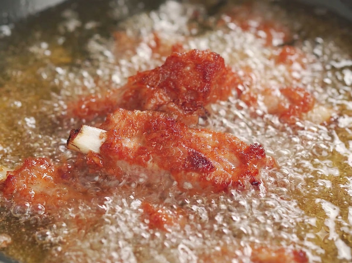 Knusprig frittierte Schweinerippchen werden mit einem Schaumlöffel aus dem heißen Öl einer Pfanne gehoben.