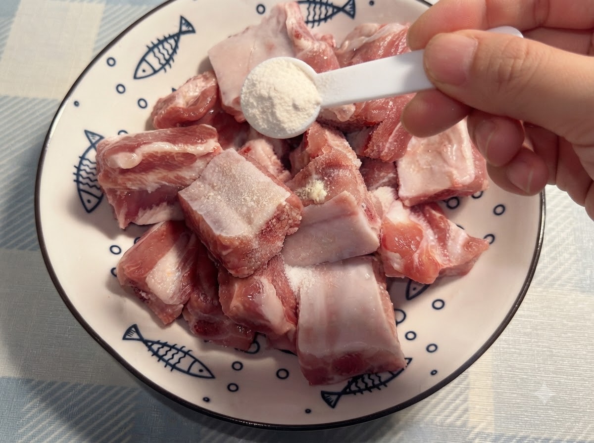 Pfefferpulver wird gleichmäßig mit einem kleinen weißen Löffel, der von einer Hand gehalten wird, auf die Schweinerippchen gestreut.