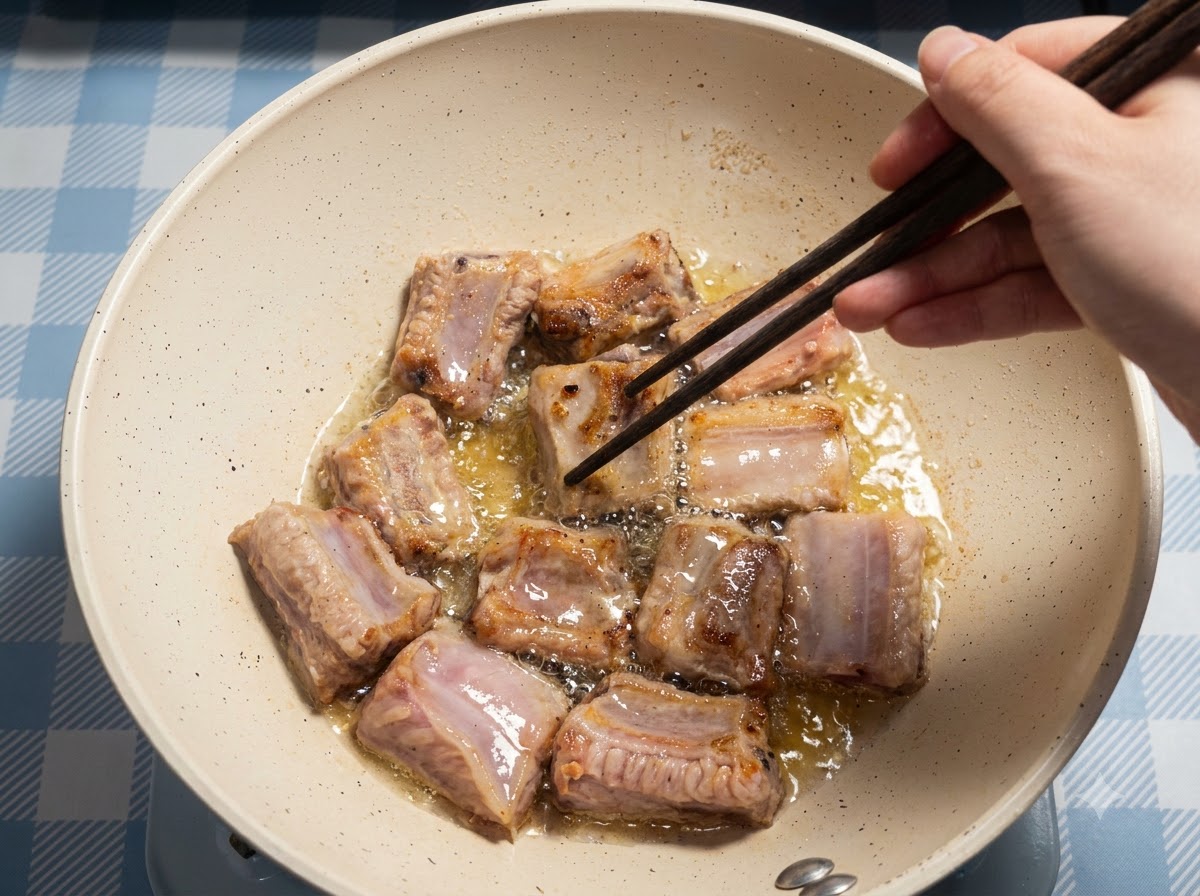 Mehrere Schweinerippchenstücke braten in Öl in einer Pfanne, während eine Hand Essstäbchen benutzt, um sie anzupassen.