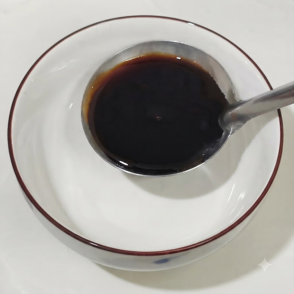 Eine Schüssel mit Saucen, in der helle Sojasauce, Austernsauce, Honig, Kochwein, dunkle Sojasauce und Tomatenketchup mit einem Löffel vermischt werden.