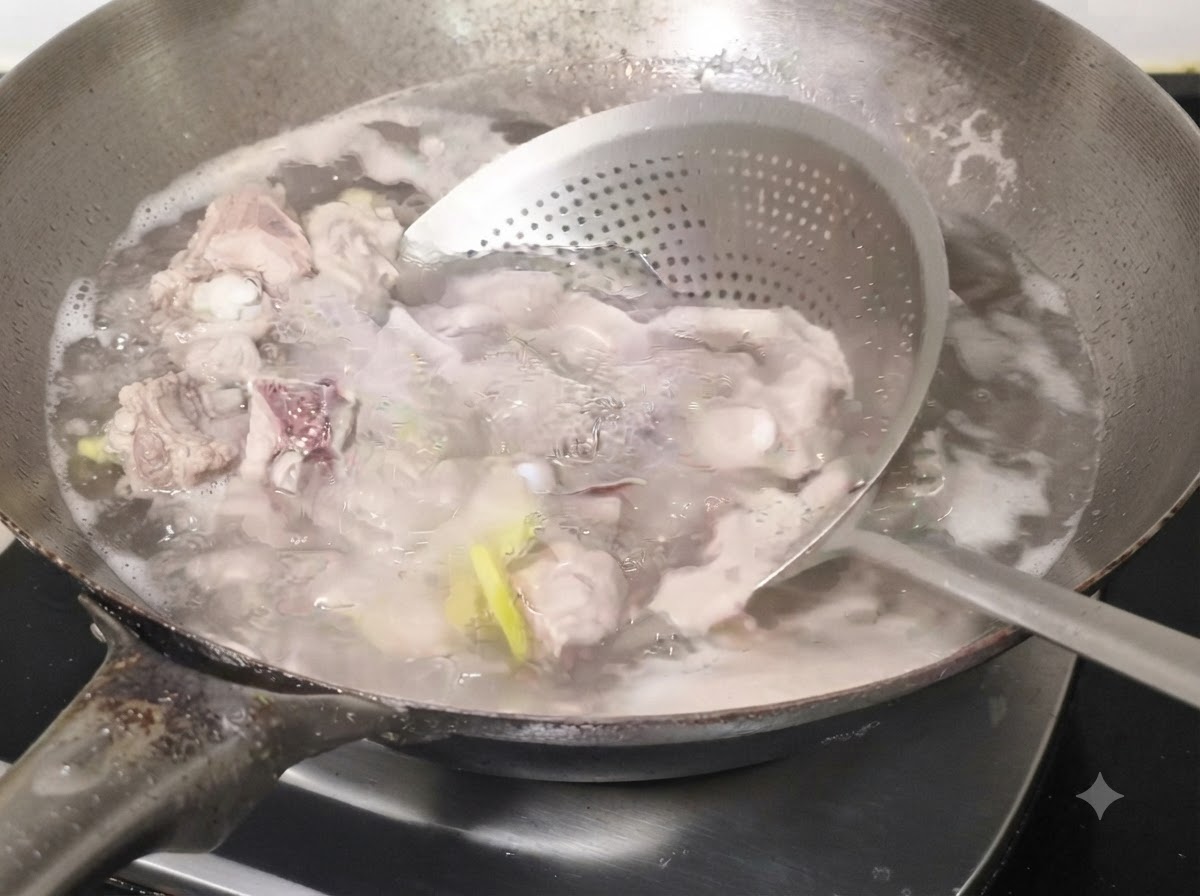 Blanchierte Schweinerippchen werden mit einem Sieb aus dem kochenden Wasser genommen und abgespült.