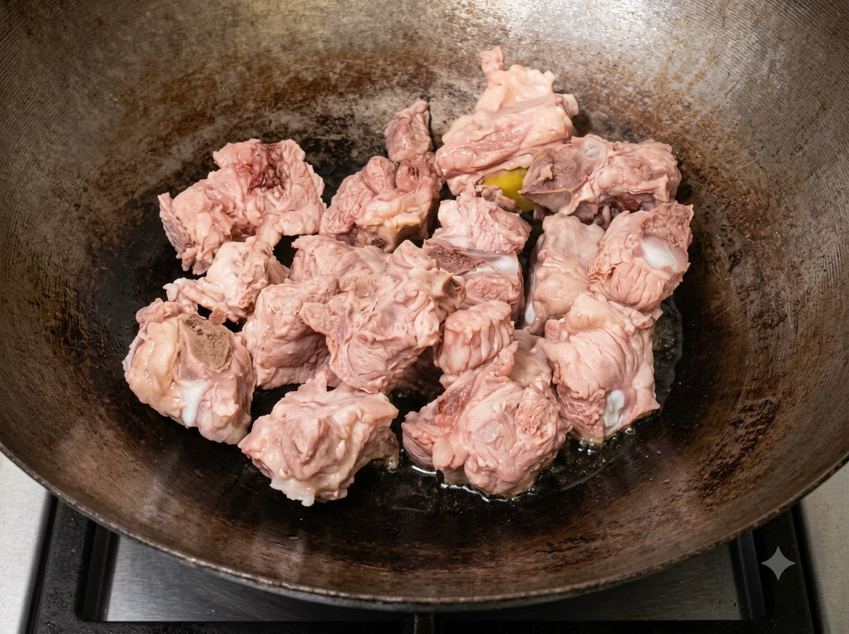 Schweinerippchen werden in heißem Öl in einem Wok angebraten, bis die Oberflächen goldbraun werden.
