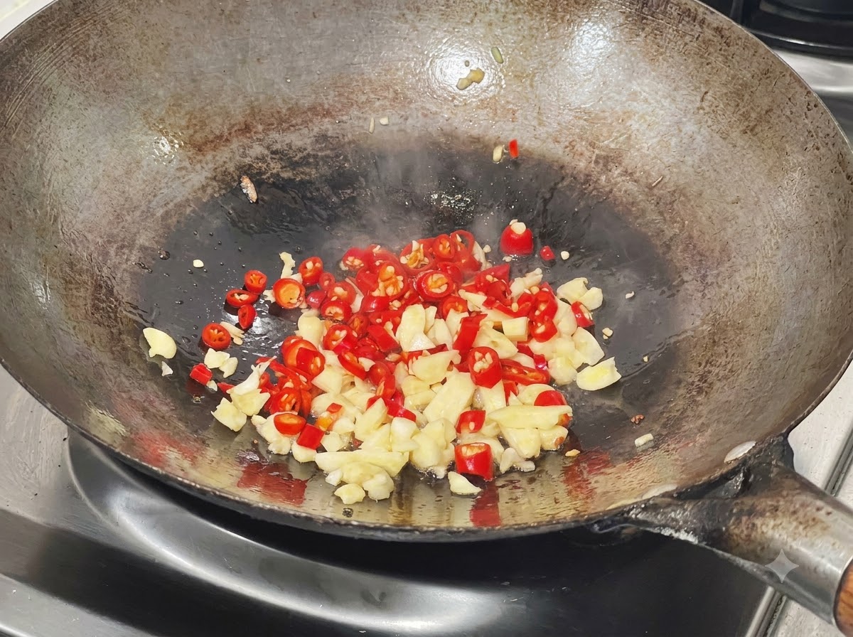 Gehackte Chilis und Knoblauch werden im restlichen Basisöl im Wok angebraten.
