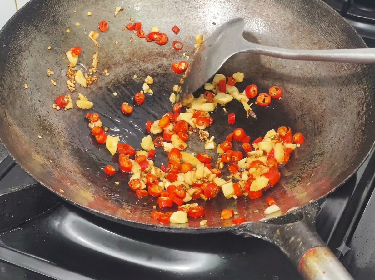 Die vorbereitete Saucenmischung wird in den Wok mit den angebratenen Chilis und dem Knoblauch gegossen.