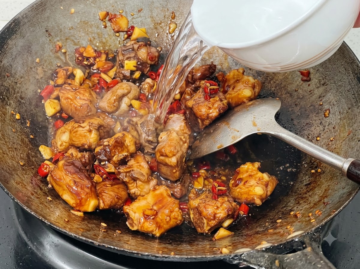 Sauberes Wasser wird aus einer weißen Schüssel in einen Wok mit Schweinerippchen, Sauce und Chilis gegossen.