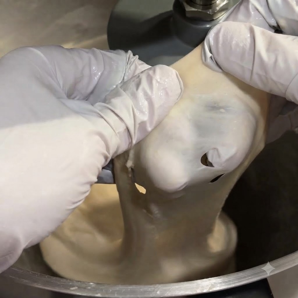 Hände mit weißen Handschuhen dehnen ein Stück glatten Teig zur Demonstration der Elastizität.