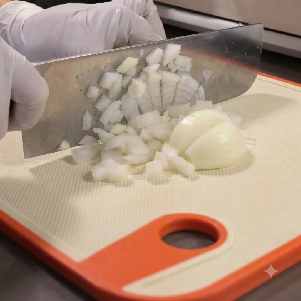 Ein Küchenmesser schneidet eine Zwiebel auf einem weiß-orangefarbenen Schneidebrett.