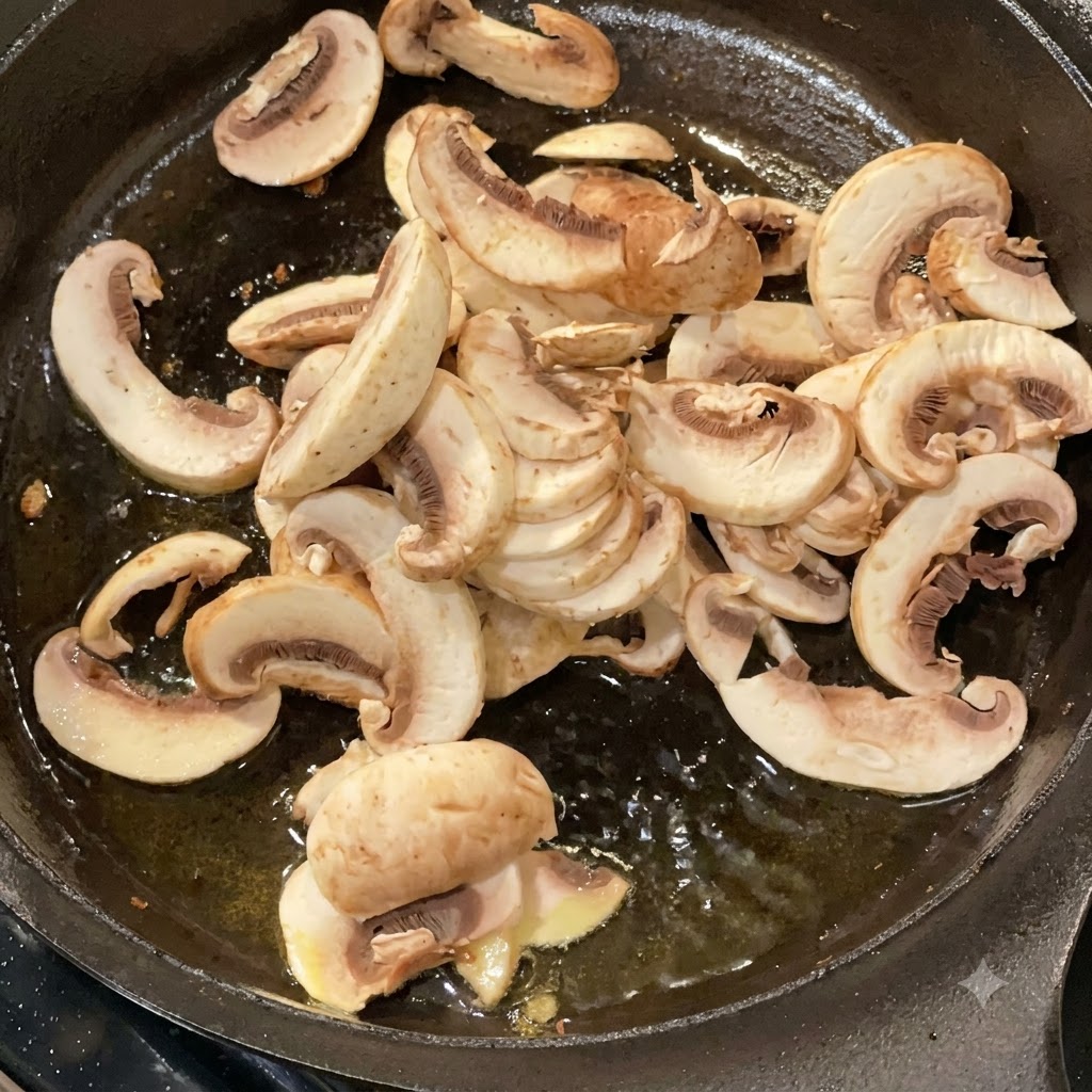 Frische weiße Champignonscheiben brutzeln und garen in einer dunklen Gusseisenpfanne mit Öl.