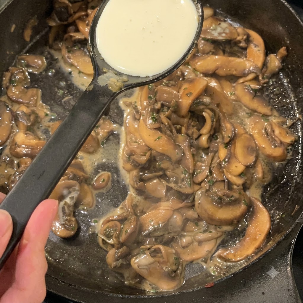 Eine Kelle gießt Schlagsahne in eine Pfanne mit gebratenen Pilzen und Gewürzen.