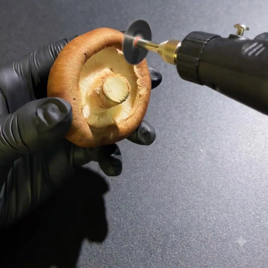 Bewehrte Hände benutzen ein Rotationswerkzeug, um den unteren Stiel eines frischen Pilzes zu kürzen.
