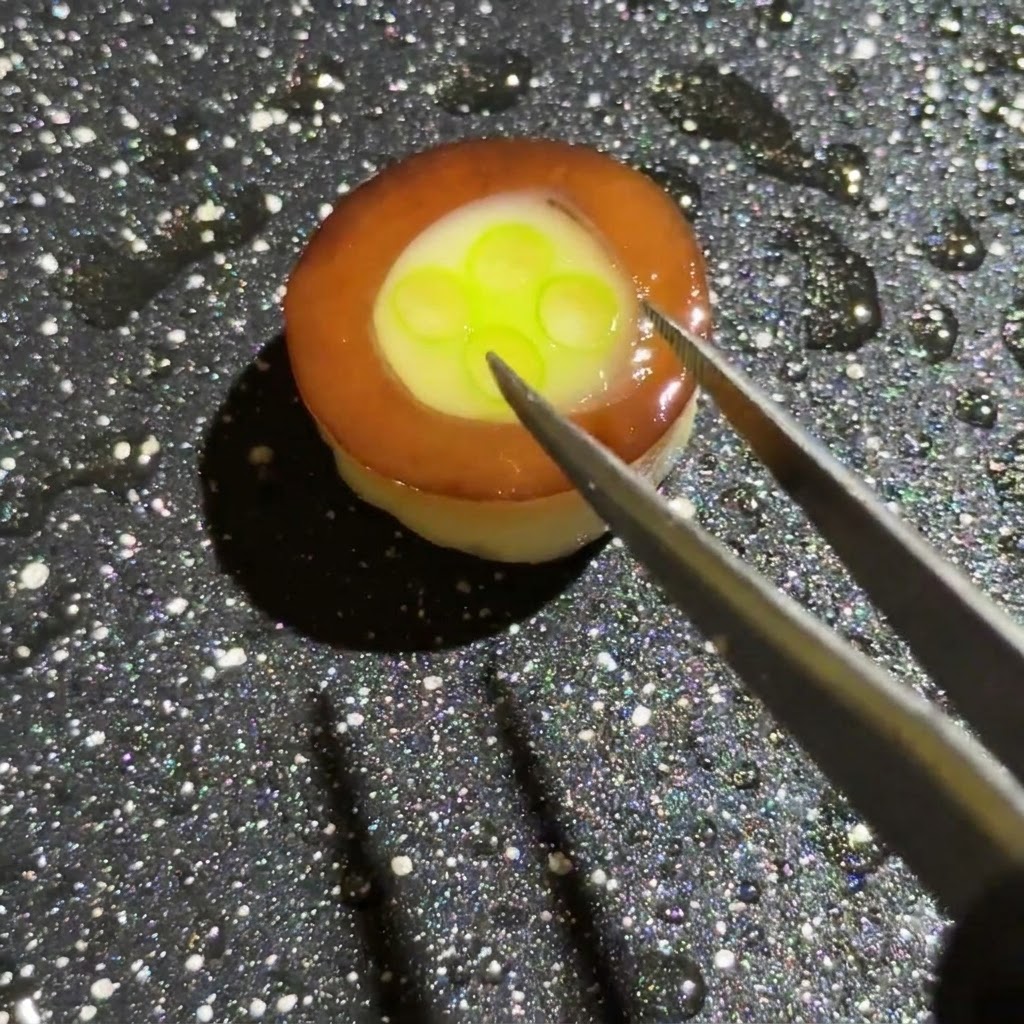 Eine Pinzette fügt bunte, gewürfelte Schinken-, Zwiebel- und Pilzstücke auf die Ei- und Frühlingszwiebelbasis im Pilzring hinzu.