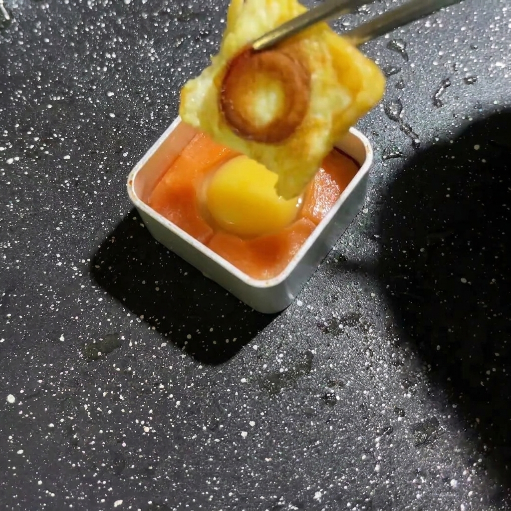 Eierflüssigkeit wird in eine Form gespritzt, die ein gekochtes Pilzstück enthält.
